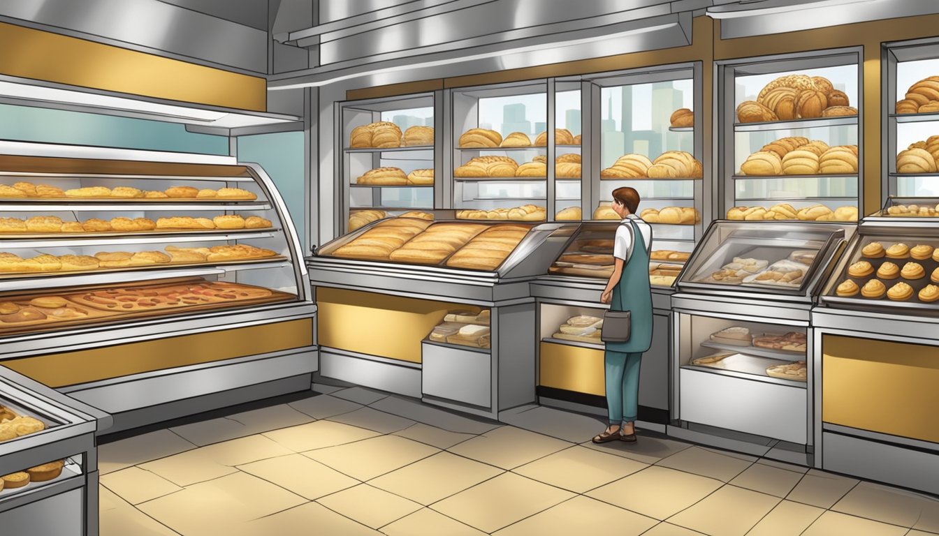 A bustling Chicago bakery, filled with the aroma of freshly baked kolaches. Display cases showcase an array of golden pastries, each filled with authentic sweet and savory fillings