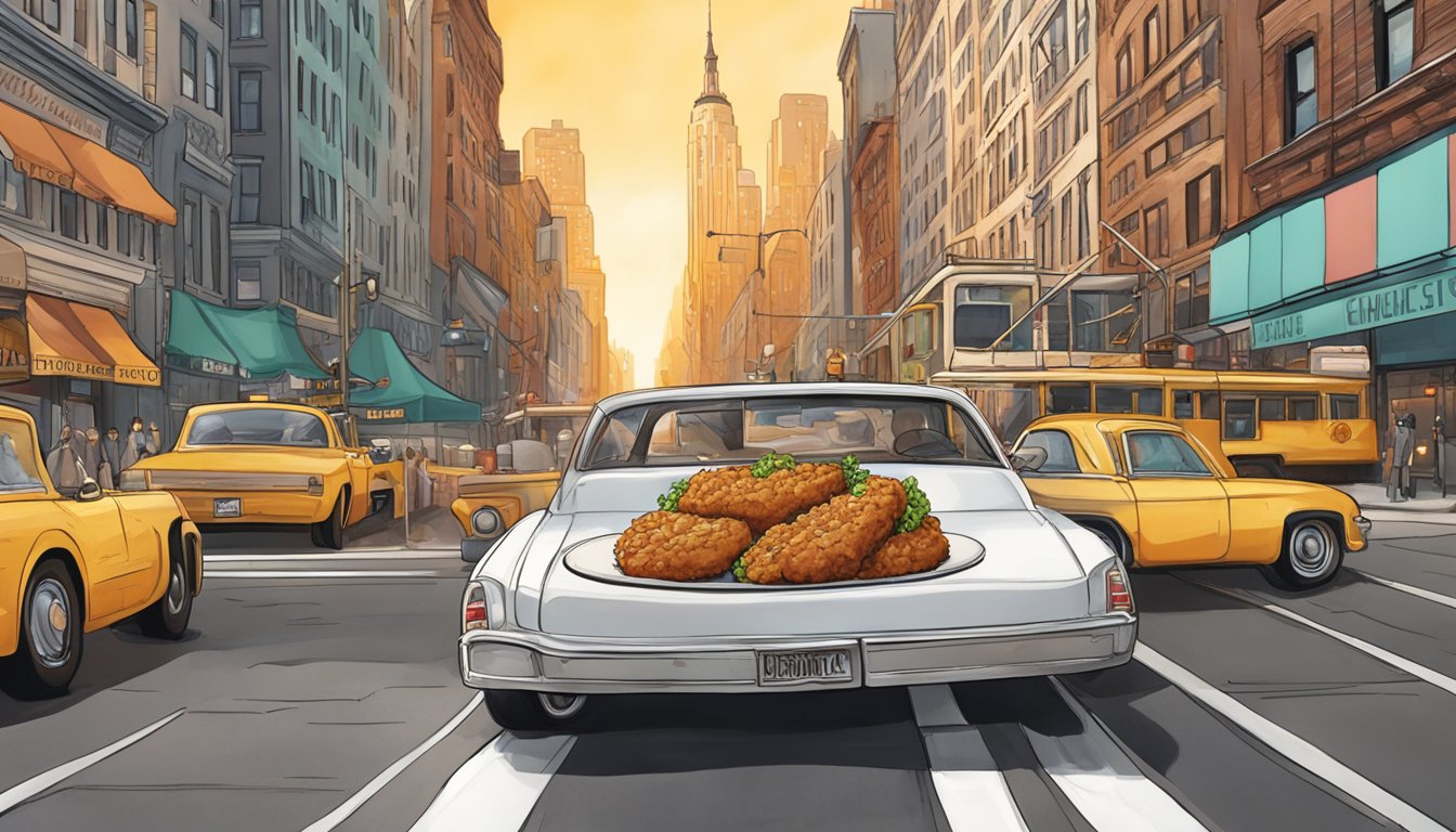 A sizzling chicken fried steak with savory flavors, set against the backdrop of the bustling streets of New York City