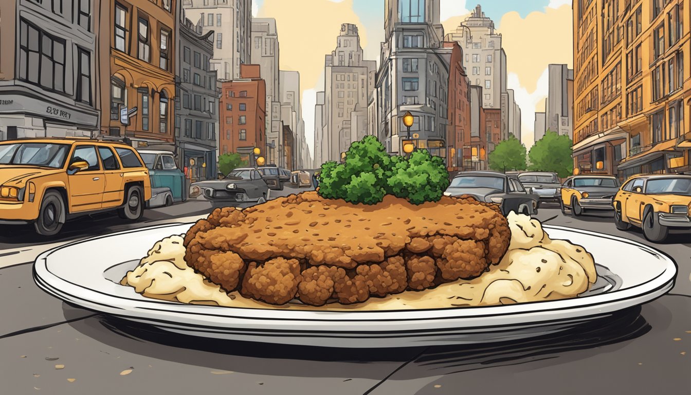 A sizzling chicken fried steak on a plate with a side of mashed potatoes and gravy, surrounded by the bustling streets of New York City