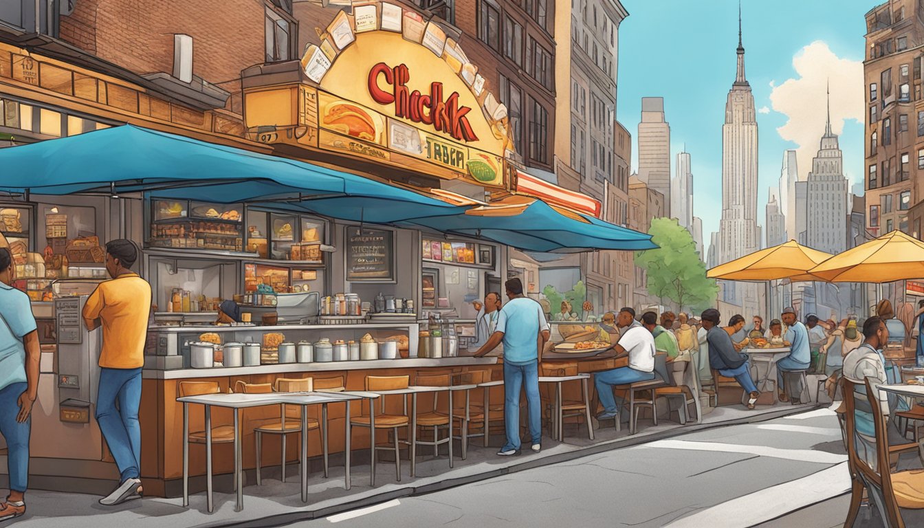 A sizzling chicken fried steak on a New York street corner, surrounded by iconic city landmarks and bustling food vendors