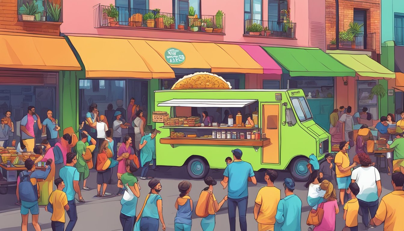 A vibrant street scene with a colorful food truck surrounded by eager customers enjoying freshly made tacos at La Tortilleria in Melbourne