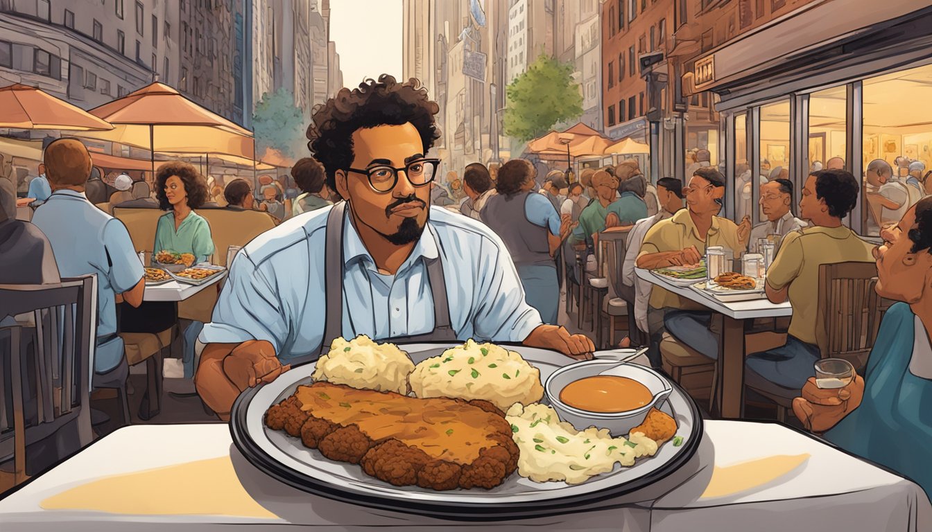 A sizzling chicken fried steak on a platter with mashed potatoes and gravy, surrounded by the hustle and bustle of a New York City restaurant