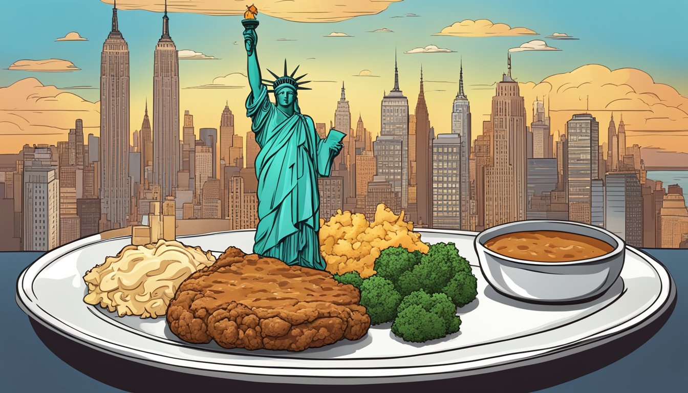 A sizzling chicken fried steak on a plate surrounded by New York City icons like the Statue of Liberty and the Empire State Building