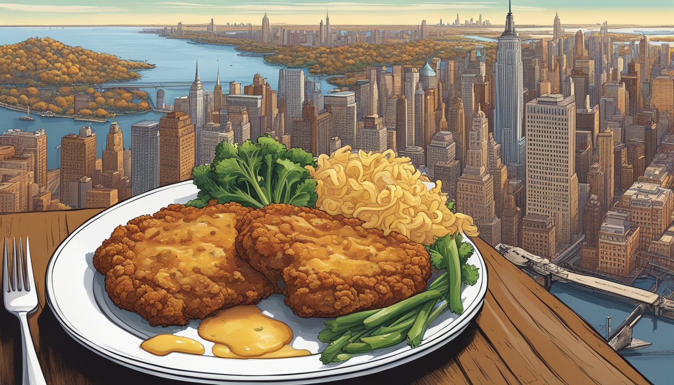 A sizzling chicken fried steak surrounded by the iconic sights of New York City, with the aroma of savory Texas-style flavors mingling with the bustling energy of the big apple