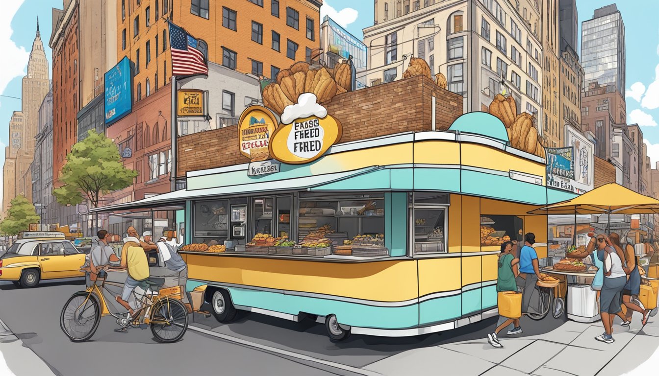 An oversized chicken fried steak surrounded by New York City landmarks and street food vendors