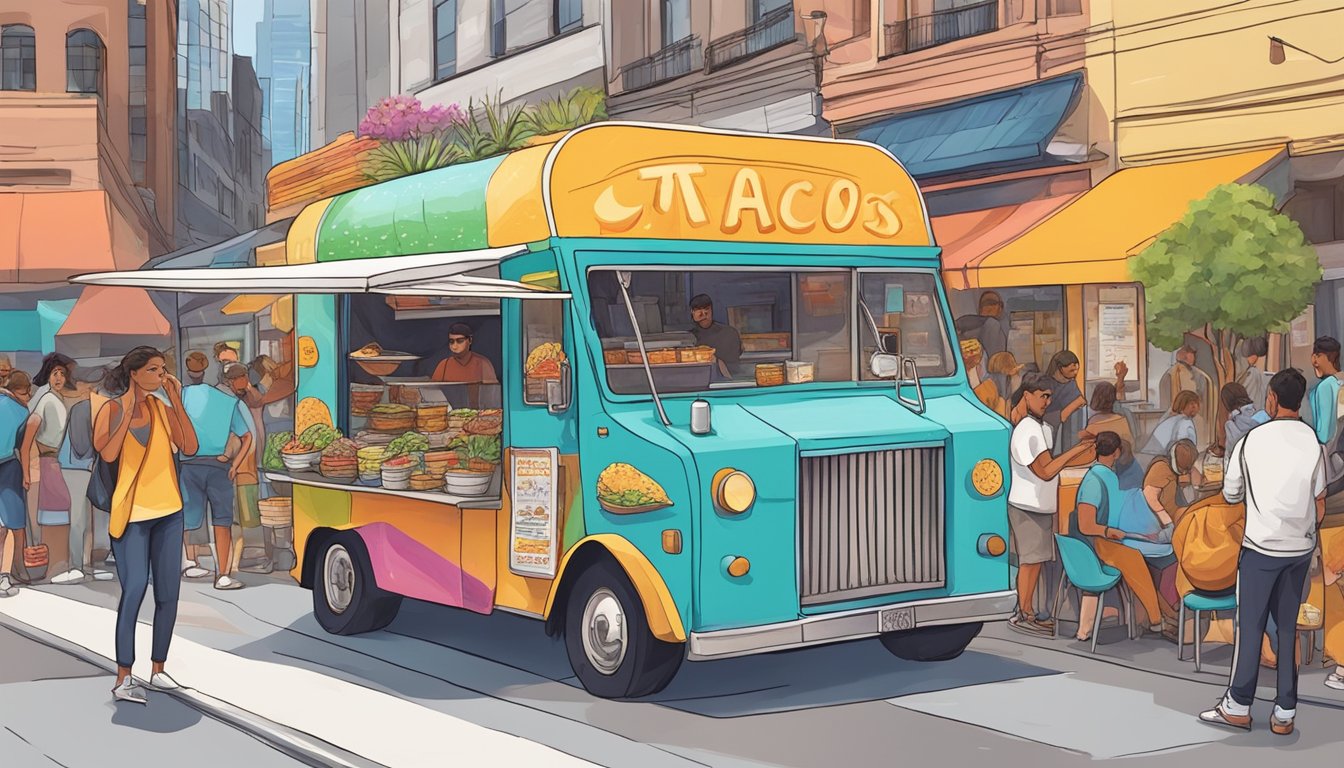 A colorful taco truck parked on a bustling Melbourne street, surrounded by eager customers enjoying the best tacos in the city