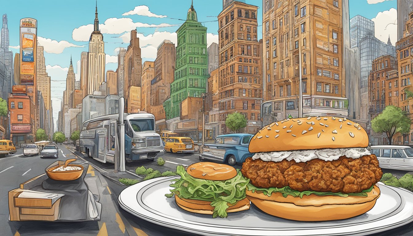 A sizzling chicken fried steak on a New York bagel, surrounded by iconic city landmarks and savory flavors