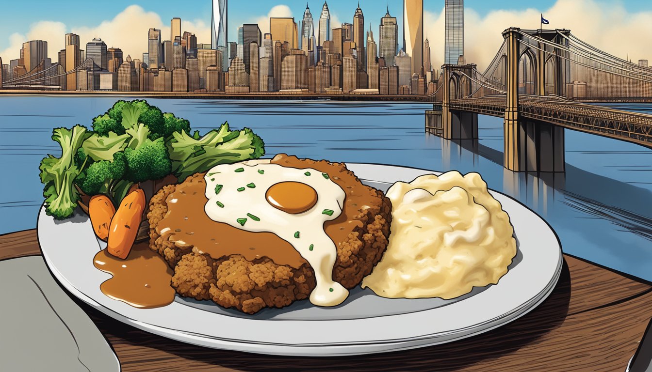 A sizzling chicken fried steak on a plate with a side of mashed potatoes and gravy, surrounded by the iconic New York skyline