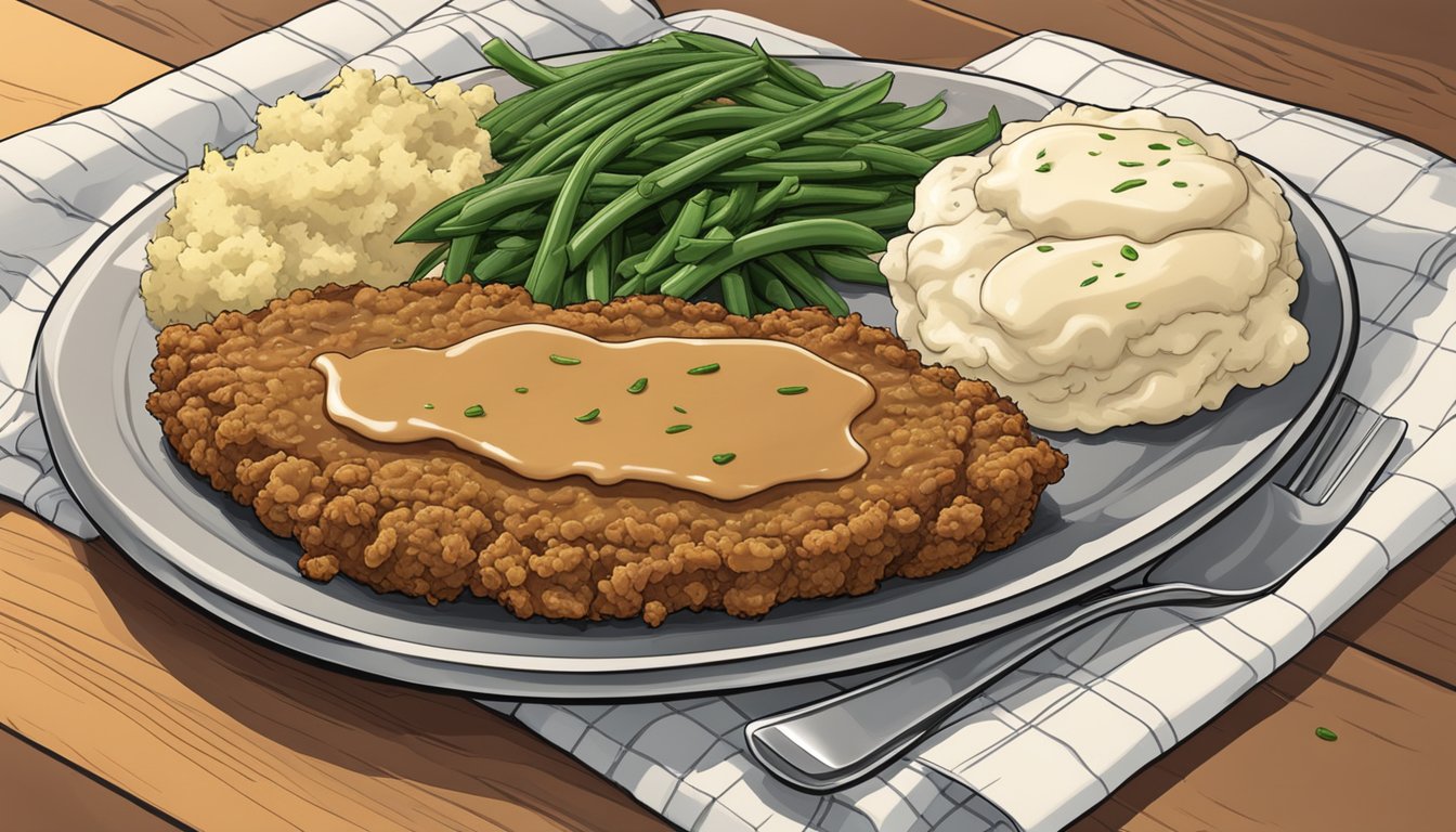 A sizzling chicken fried steak served on a platter, surrounded by mashed potatoes and gravy, with a side of crispy green beans