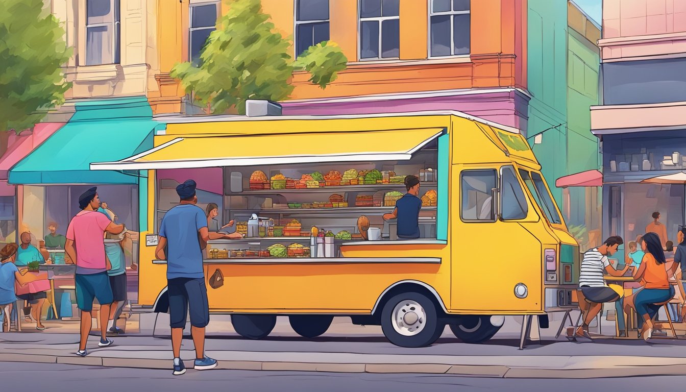 A vibrant street scene with a colorful food truck surrounded by happy customers enjoying delicious tacos in Melbourne