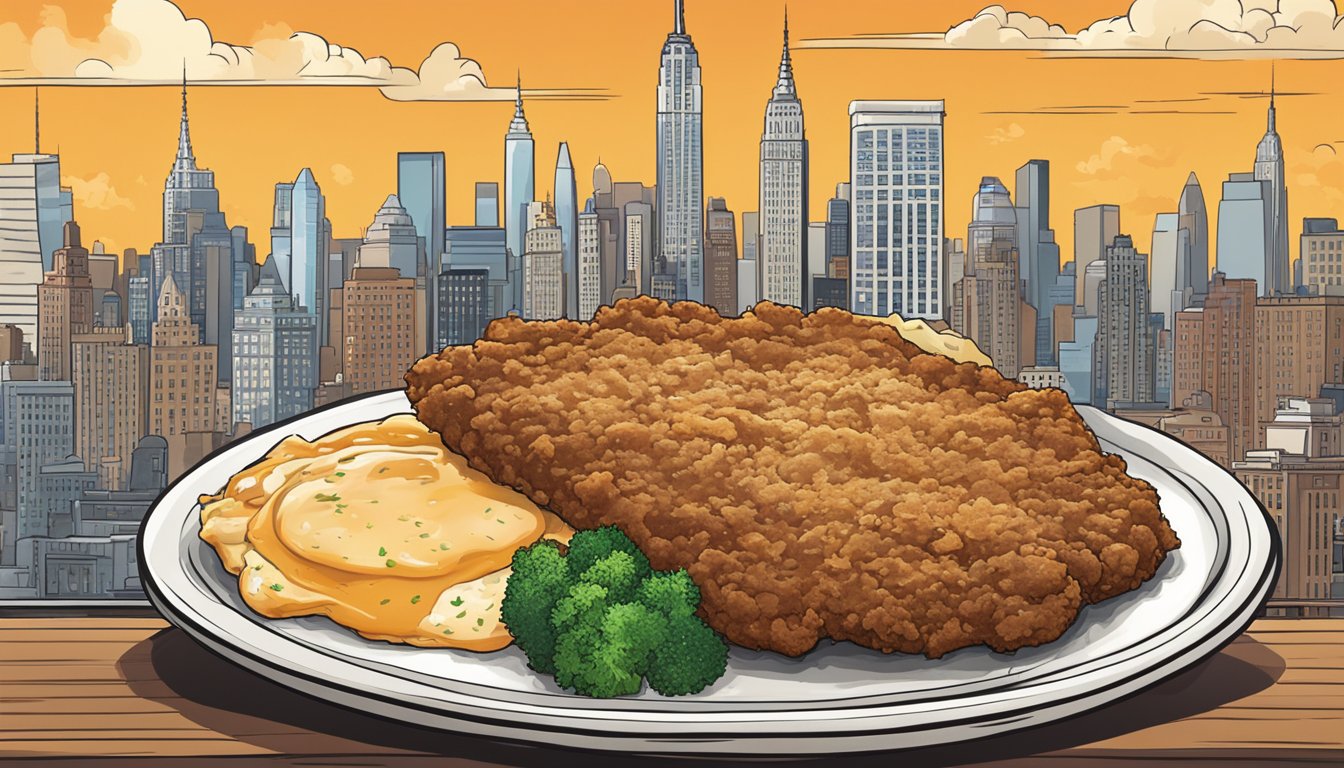 A sizzling chicken fried steak surrounded by New York City landmarks, with a hint of city skyline in the background