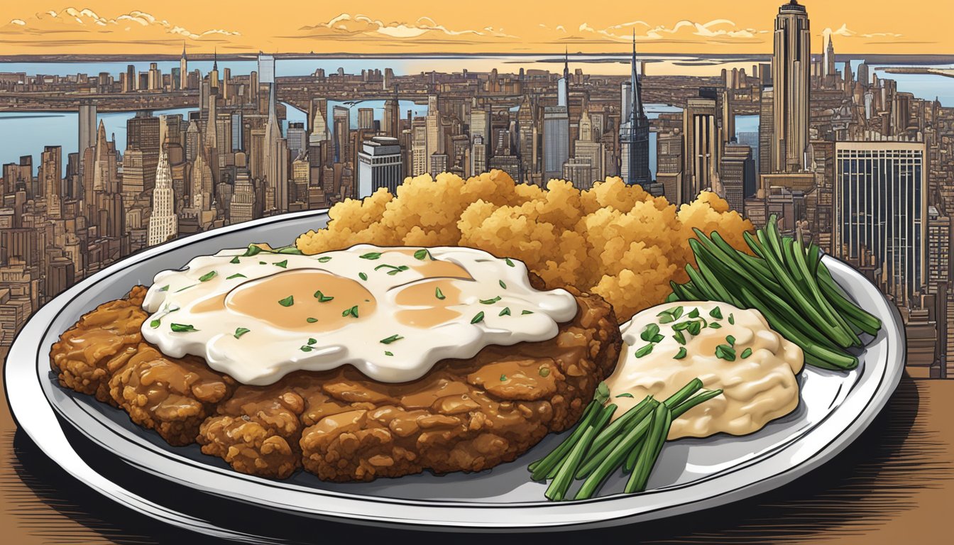 A sizzling chicken fried steak served with a side of creamy mashed potatoes and smothered in rich, savory gravy, with a backdrop of iconic New York City landmarks