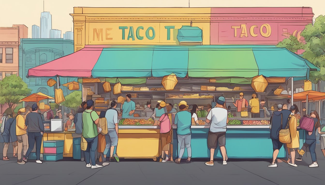 A bustling street food market in Melbourne, with colorful taco stalls and eager customers sampling the best tacos in the city