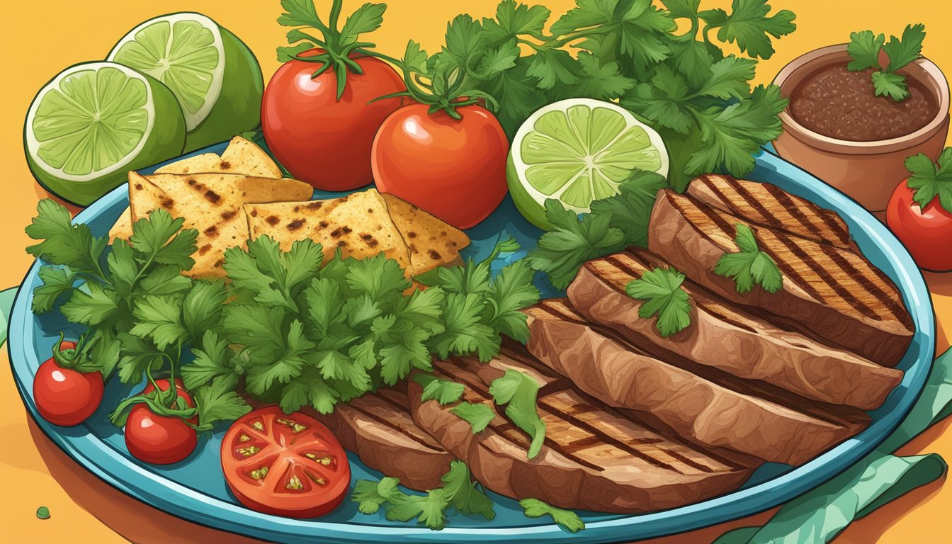 Fresh cilantro, vibrant red tomatoes, zesty lime, and savory grilled meats arranged on a colorful platter