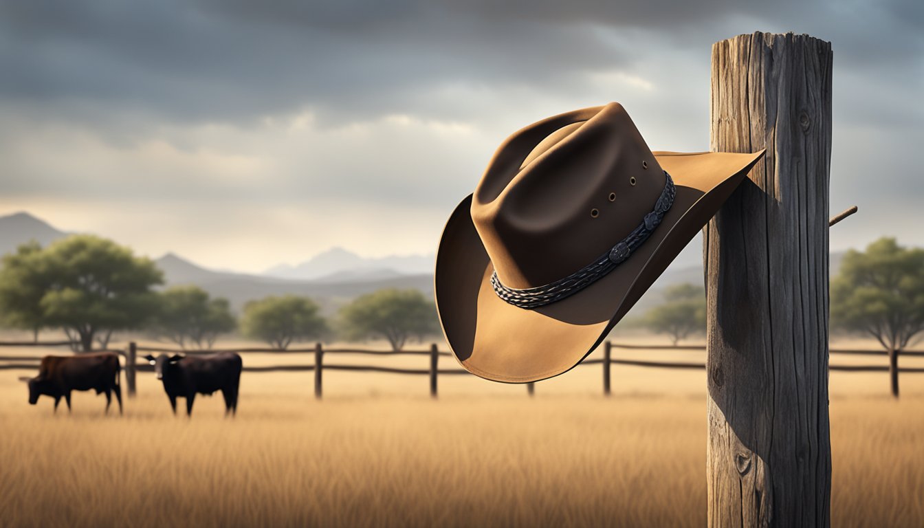 A cowboy hat hangs on a wooden post, surrounded by a rustic setting of a Texas Longhorn cattle ranch