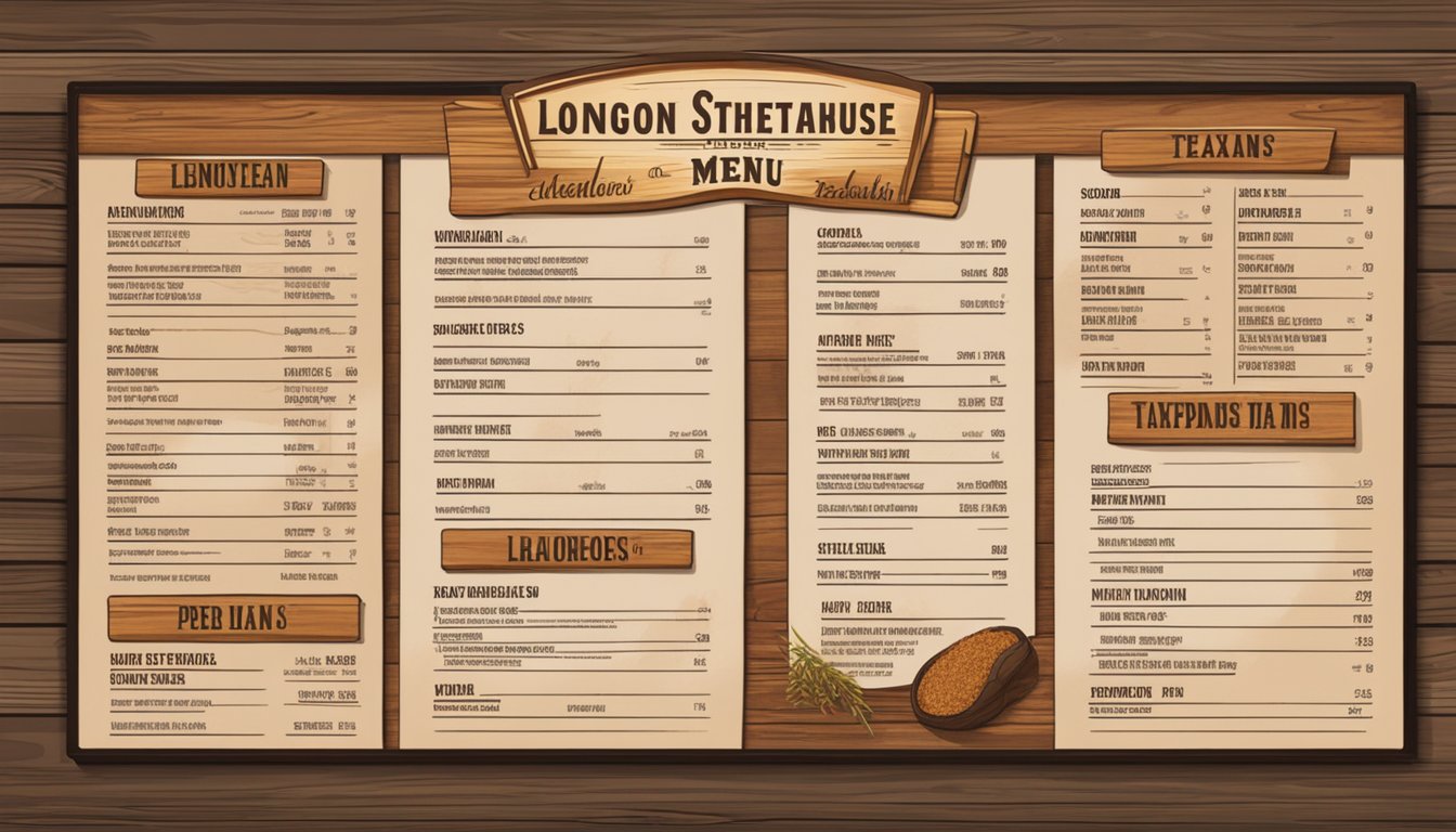 A rustic wooden menu board displays Longhorn Steakhouse offerings with a Texan flair