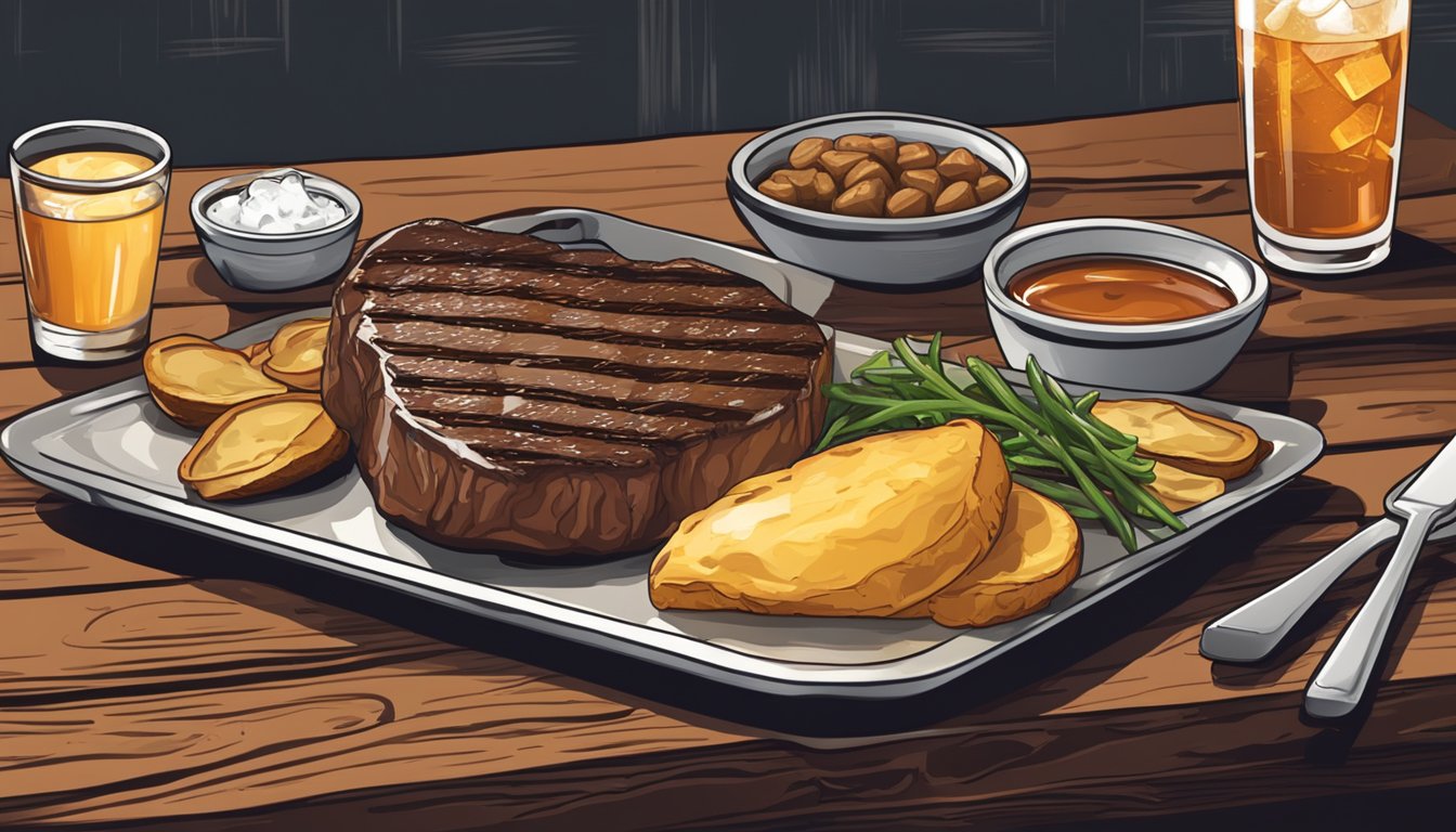 A sizzling steak on a hot grill with a side of loaded baked potato and a cold glass of sweet tea on a rustic wooden table