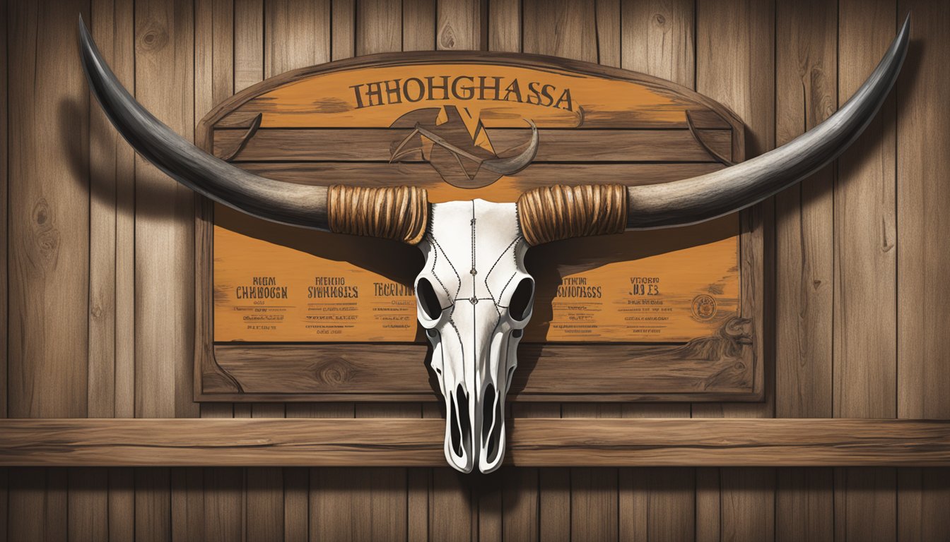 A rustic Texas longhorn skull hangs above a wooden sign with the Longhorn Steakhouse logo, surrounded by cowboy boots and a menu board