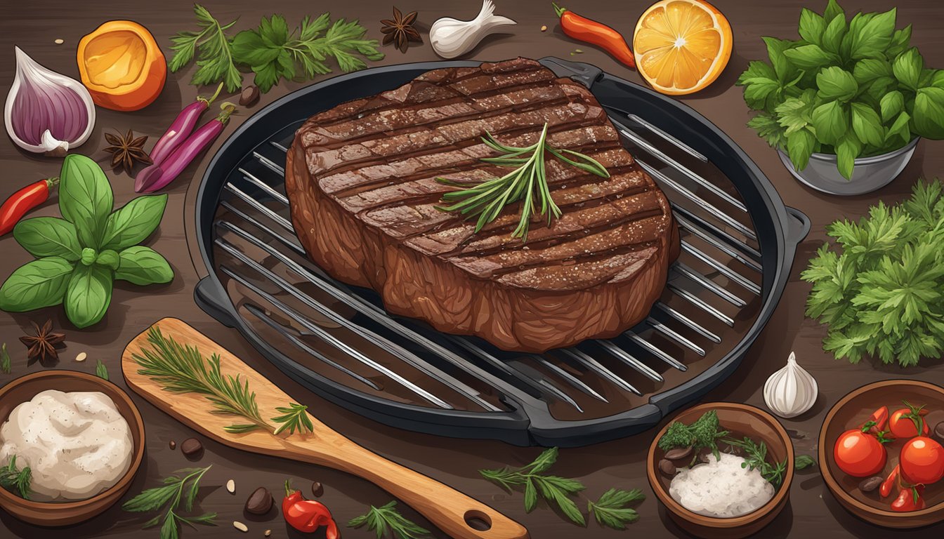 A sizzling steak on a hot grill surrounded by a variety of fresh herbs and spices