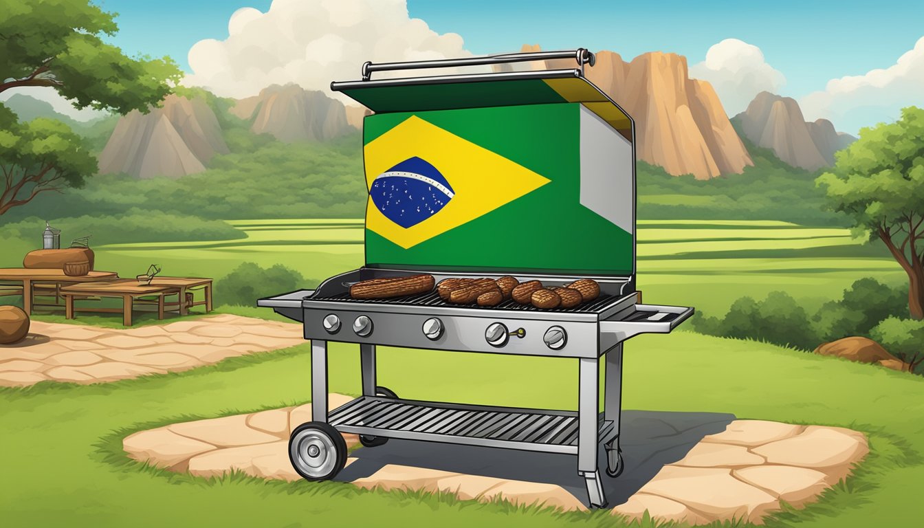 A vibrant Brazilian flag flying high against a backdrop of Texas landscapes, with a traditional churrasco grill in the foreground