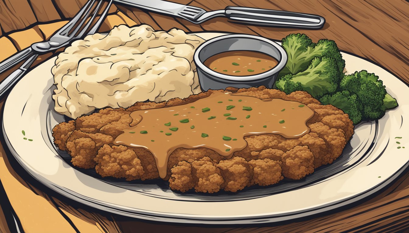 A sizzling chicken fried steak on a rustic wooden platter, surrounded by a side of creamy mashed potatoes and a generous drizzle of savory gravy