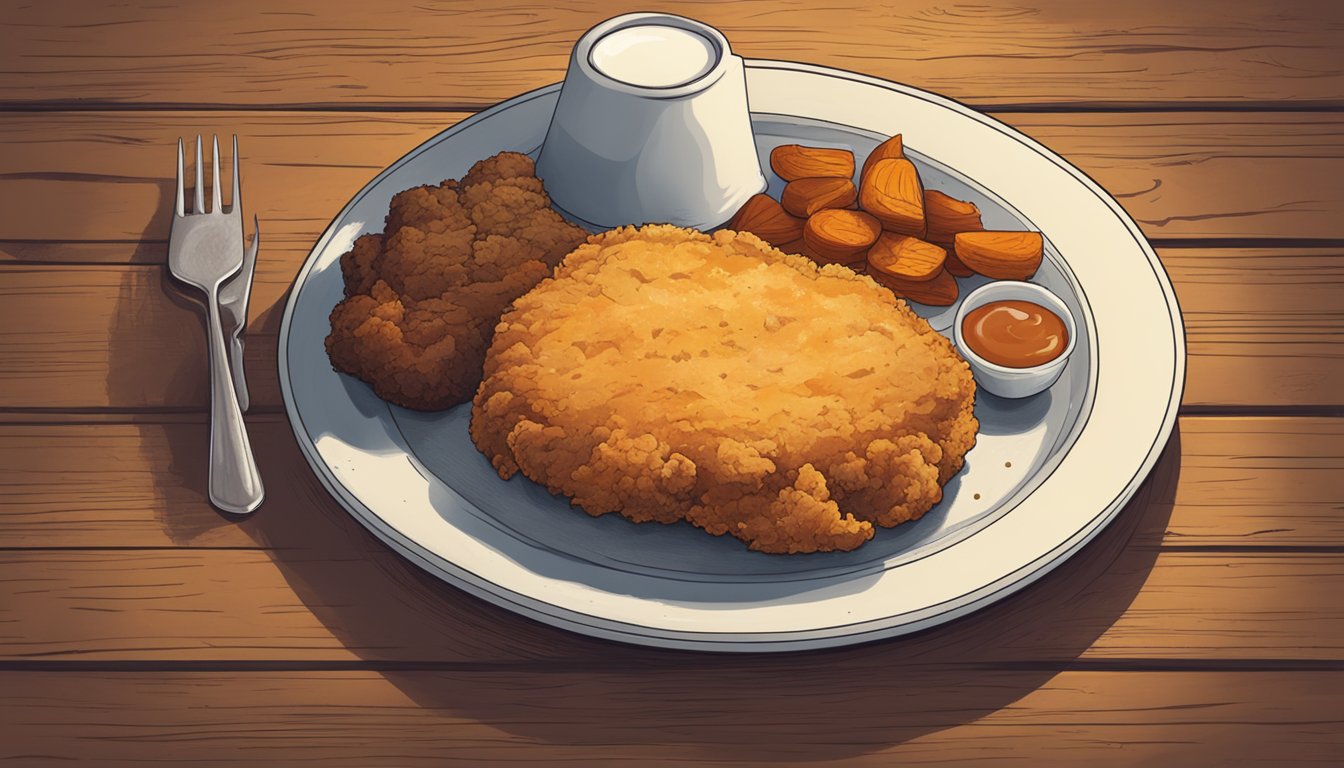 A sizzling chicken fried steak on a rustic plate, surrounded by a lone star and cowboy hat