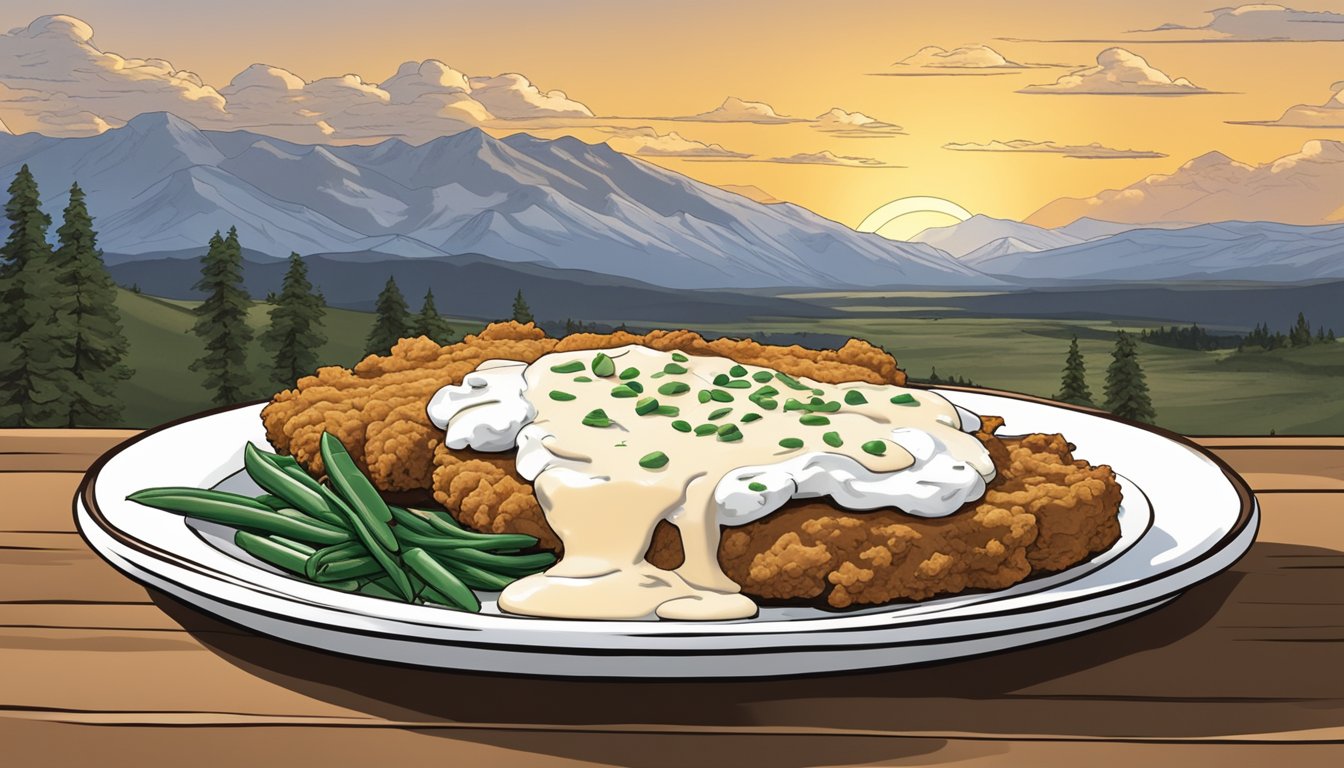 A plate of chicken fried steak with creamy gravy, alongside mashed potatoes and green beans, set against a backdrop of the big Montana sky