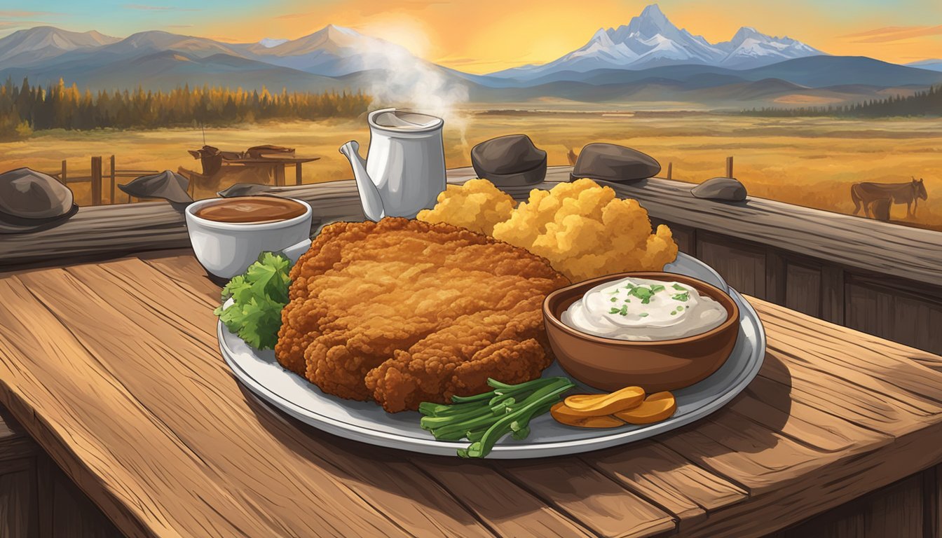 A sizzling chicken fried steak on a rustic wooden table, surrounded by cowboy hats and a backdrop of Montana's scenic landscape