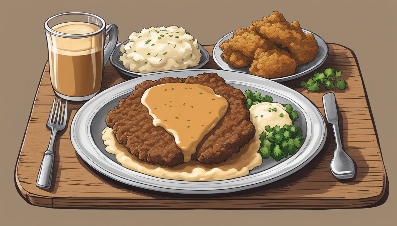 A sizzling chicken fried steak on a rustic plate with a side of mashed potatoes and gravy, surrounded by a western-themed decor