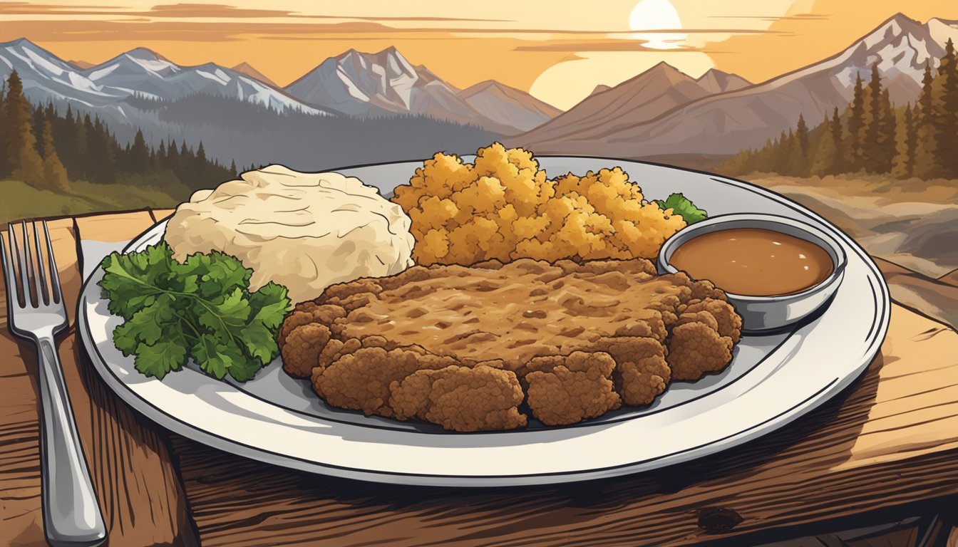 A sizzling chicken fried steak on a rustic plate with a side of mashed potatoes and gravy, set against a backdrop of the Rocky Mountains