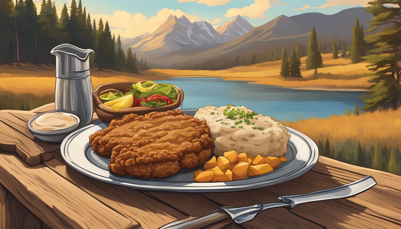 A sizzling chicken fried steak on a rustic wooden table, surrounded by cowboy hats and a scenic Montana landscape