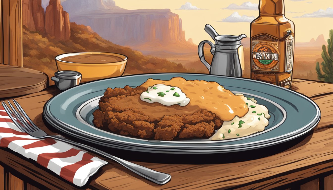 A sizzling chicken fried steak on a plate with a side of mashed potatoes and gravy, surrounded by a western-themed decor and a lone star emblem