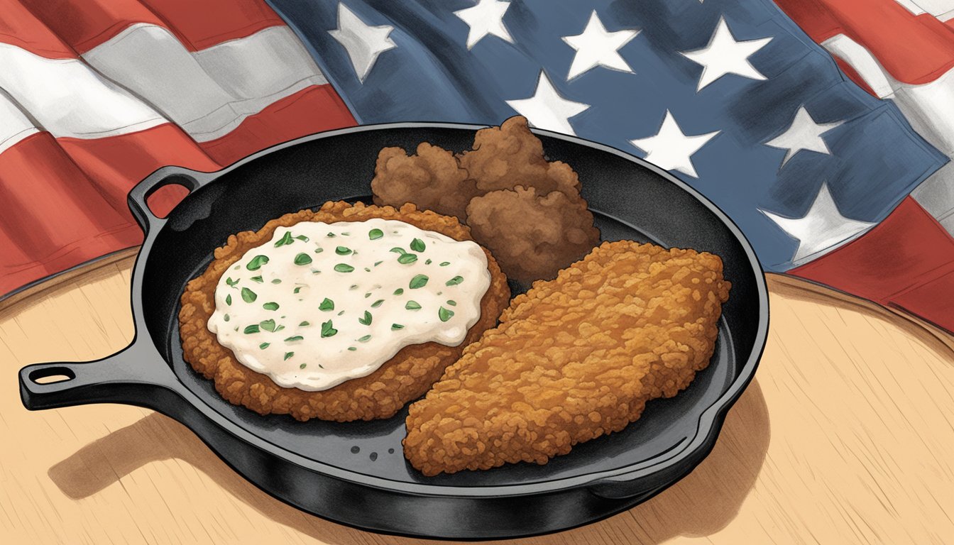 A sizzling chicken fried steak sizzling in a cast iron skillet, surrounded by cowboy boots and a lone star flag