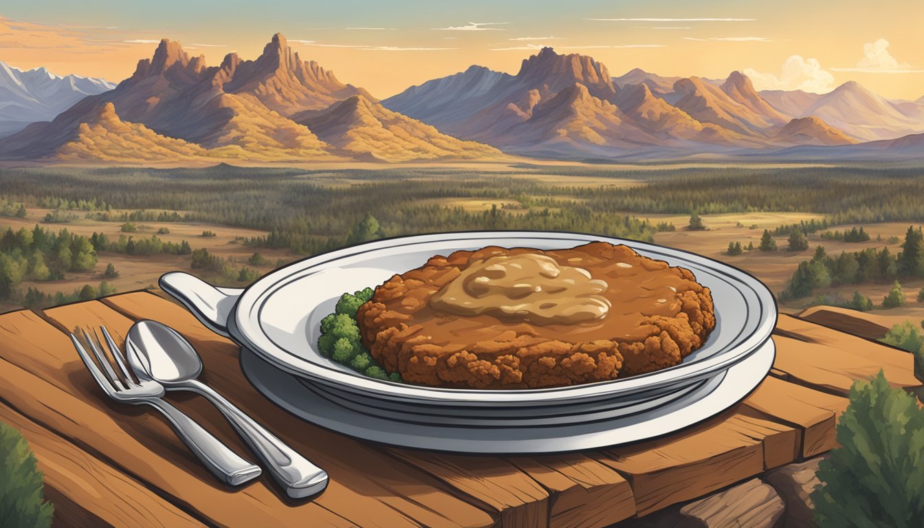 A sizzling chicken fried steak topped with spicy Texas-style gravy, surrounded by Montana's rugged landscape