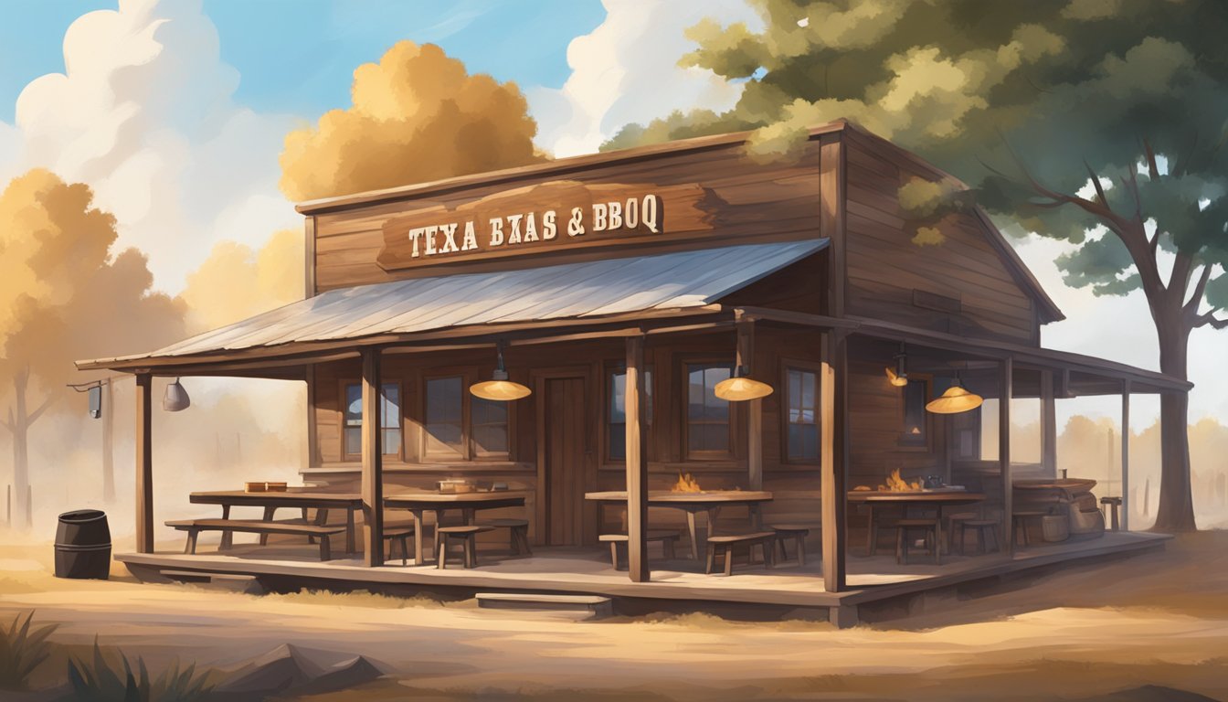 A rustic Texas BBQ joint with smoke billowing from the pit, wooden picnic tables, and a cowboy hat hanging on the wall