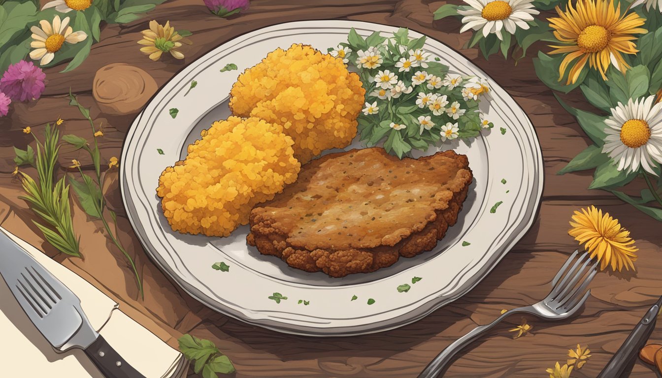 A sizzling chicken fried steak on a rustic plate, surrounded by wildflowers and cowboy boots