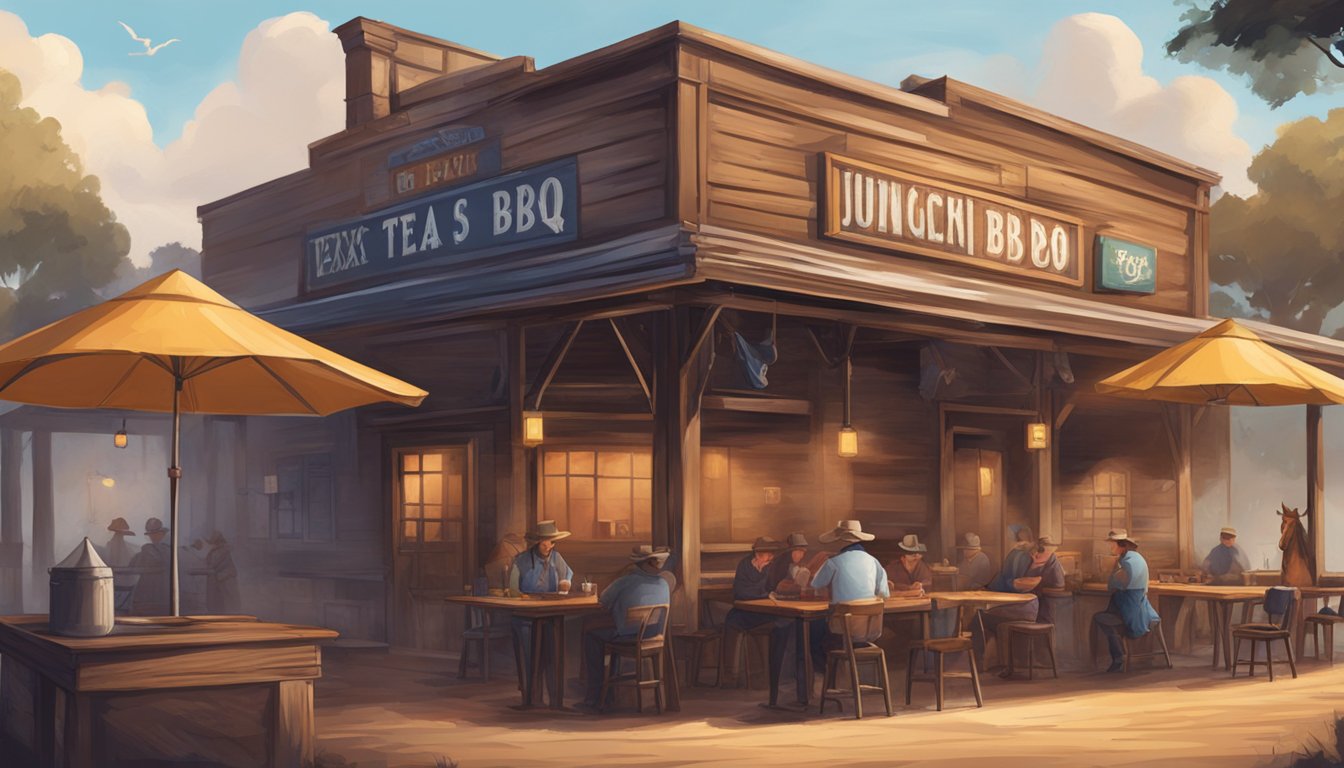 A rustic Texas BBQ joint in Sydney, with a smoky pit, wooden tables, and a cowboy hat hanging on the wall