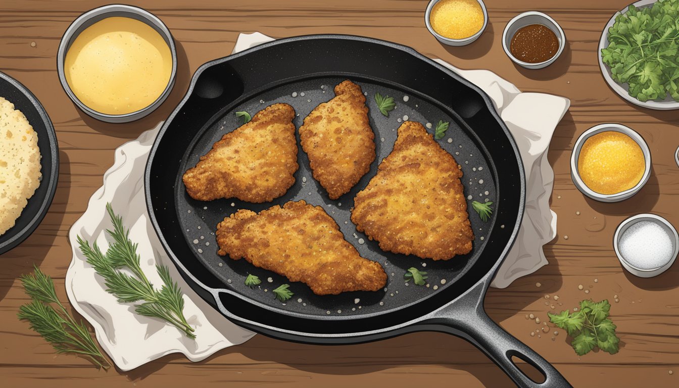 A sizzling cast iron skillet with a golden-brown chicken fried steak, surrounded by bubbling oil and a sprinkle of seasoning