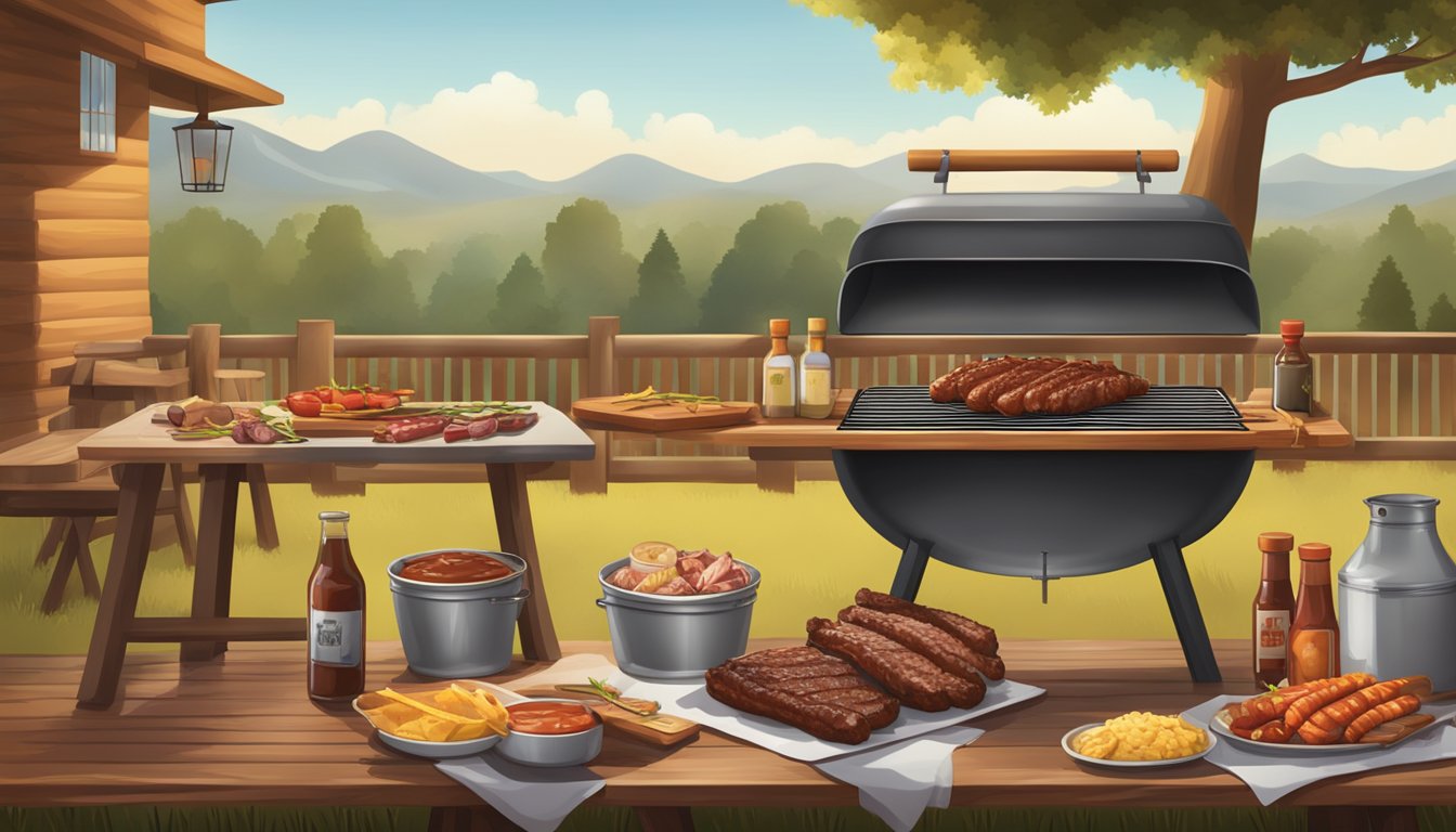 A rustic outdoor Texas BBQ scene with a smoky grill, sizzling meats, and a wooden picnic table set with classic BBQ sides and sauces