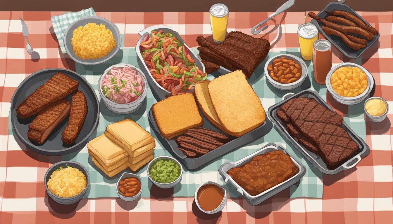 A spread of Texas BBQ dishes and sides, including brisket, ribs, cornbread, coleslaw, and baked beans, laid out on a checkered picnic table