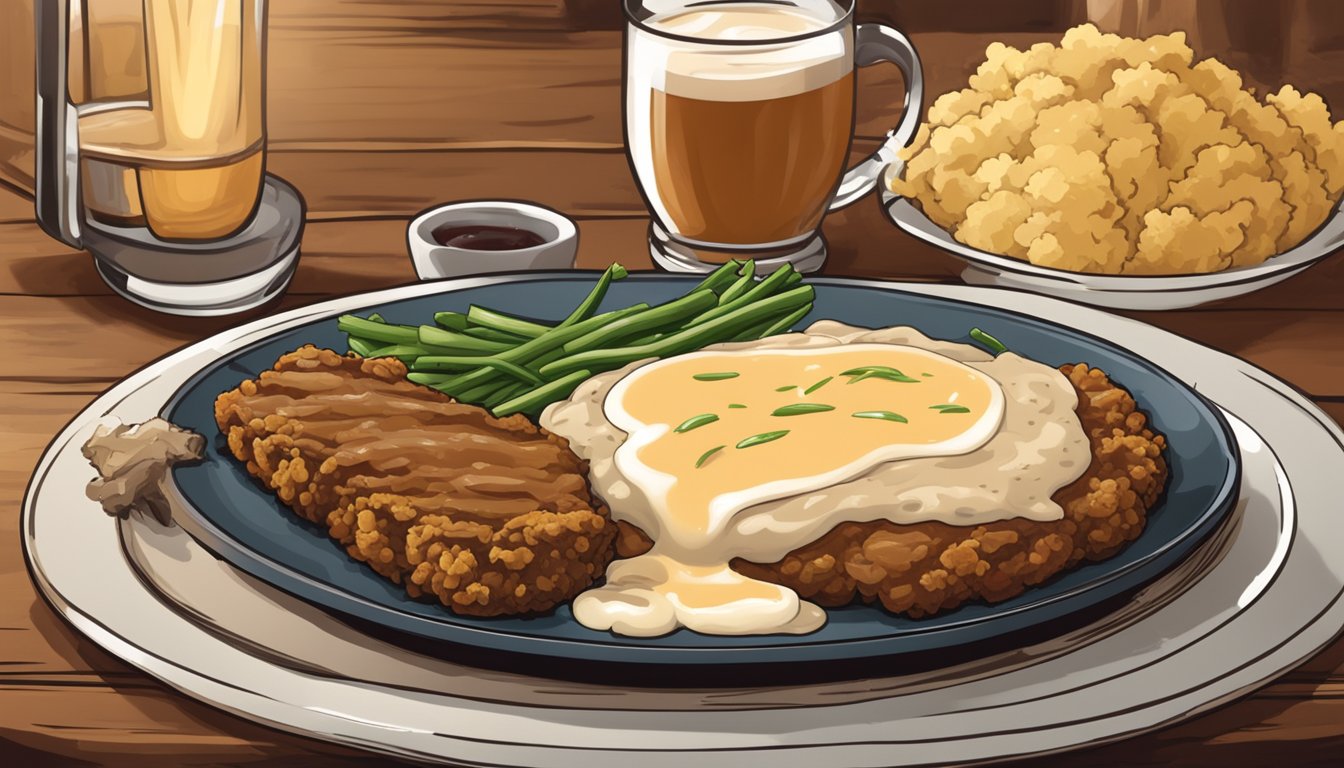 A sizzling chicken fried steak on a rustic plate with a side of mashed potatoes and gravy, surrounded by a warm, inviting atmosphere