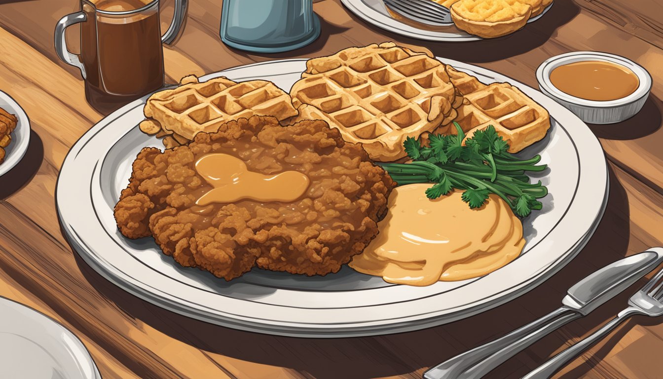 A sizzling plate of chicken fried steak with a side of fluffy waffles, topped with a generous pour of savory gravy, set against a backdrop of Southern comfort vibes in a bustling Phoenix restaurant