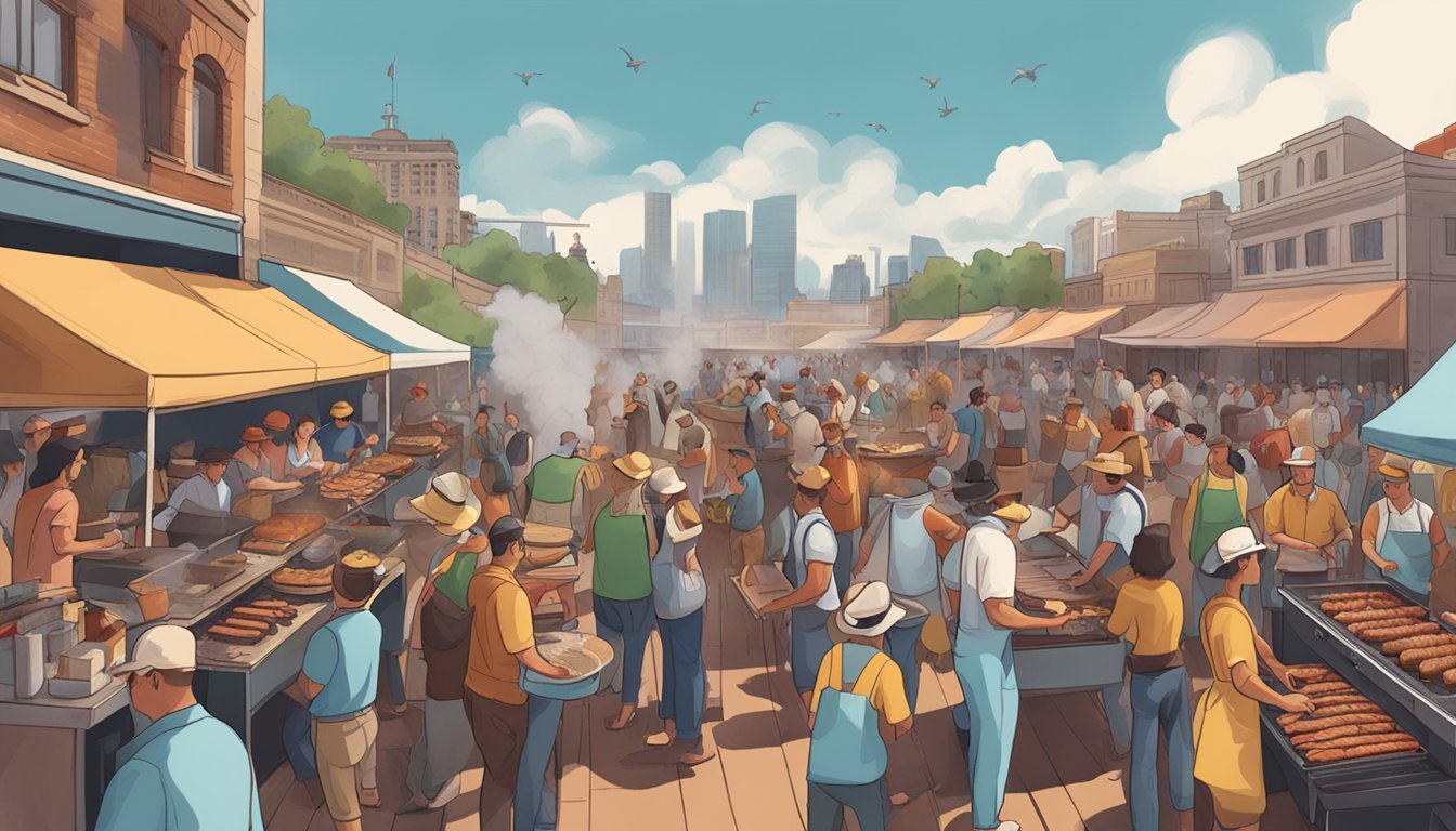 A bustling BBQ competition with smoke rising from grills, a crowd of spectators, and vendors selling Texas-style BBQ in Sydney