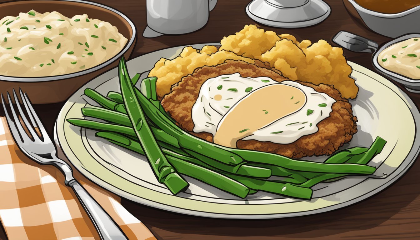 A sizzling, golden-brown chicken fried steak served with creamy mashed potatoes and rich gravy, accompanied by a side of buttery green beans