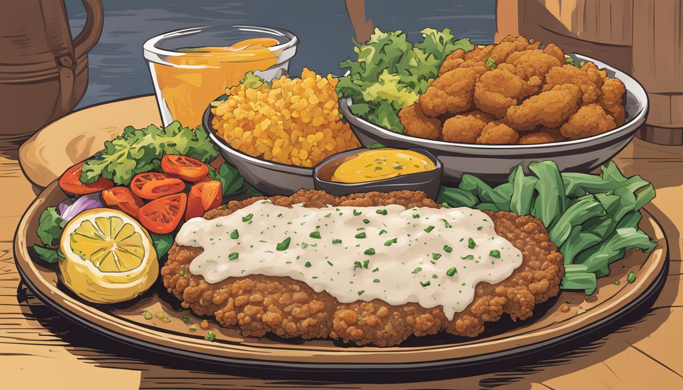 A sizzling Texas-style chicken fried steak on a platter, surrounded by colorful sides and garnishes, with the Angry Crab Shack's logo in the background