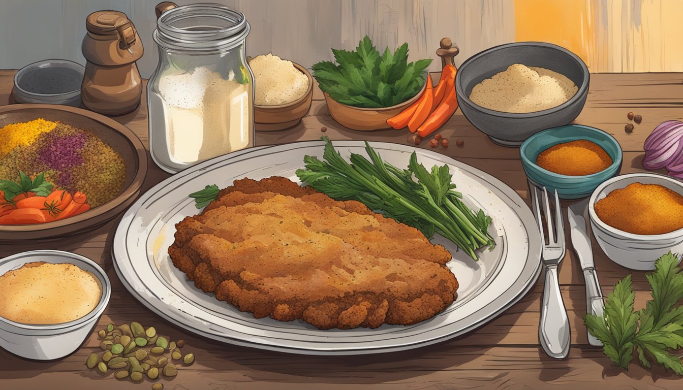 A sizzling chicken fried steak on a rustic plate, surrounded by colorful Texas-style spices and herbs