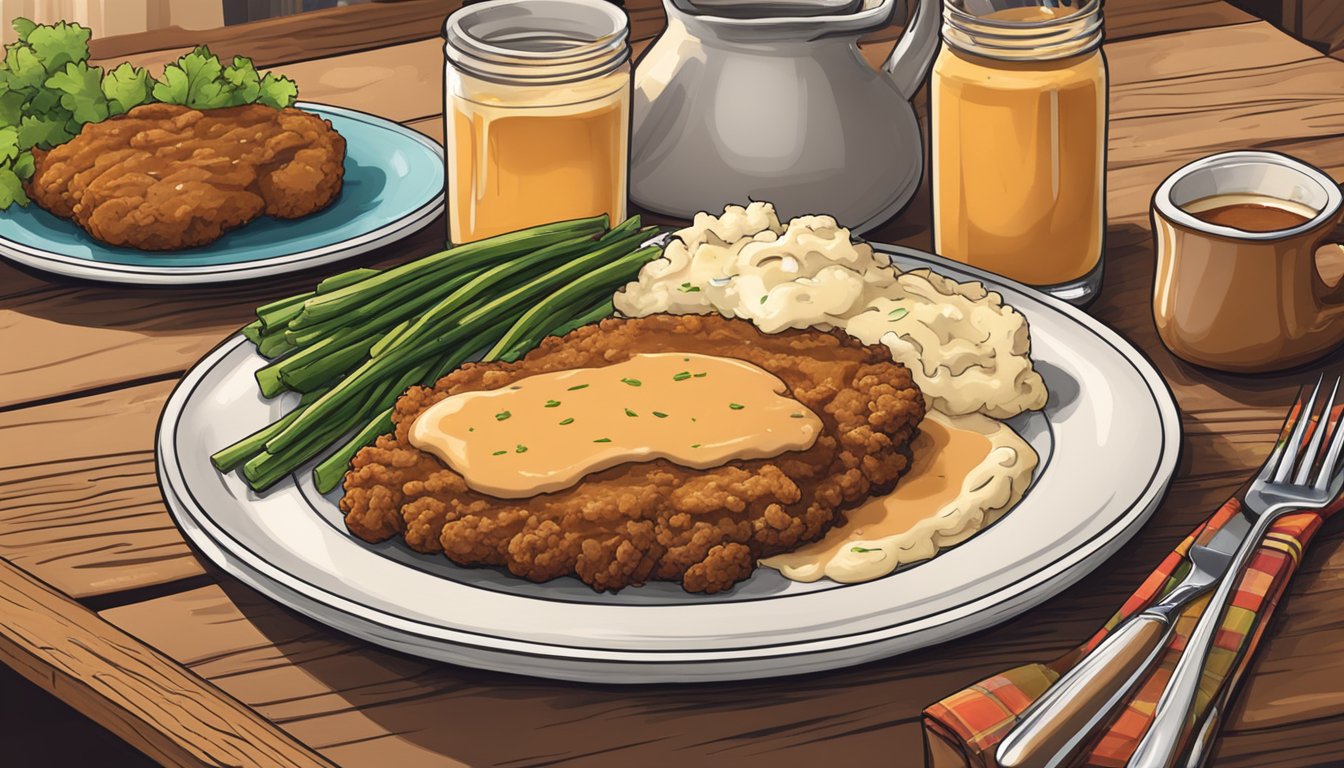 A sizzling chicken fried steak on a rustic plate with a side of creamy mashed potatoes and gravy, surrounded by vibrant Texan decor