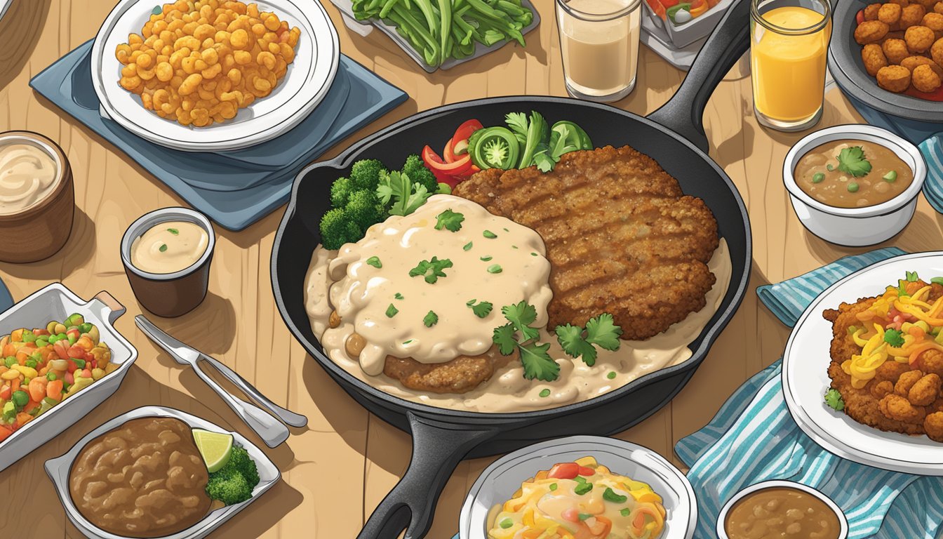 A sizzling skillet holds a golden chicken fried steak with creamy gravy, alongside a colorful array of Tex-Mex fusion sides