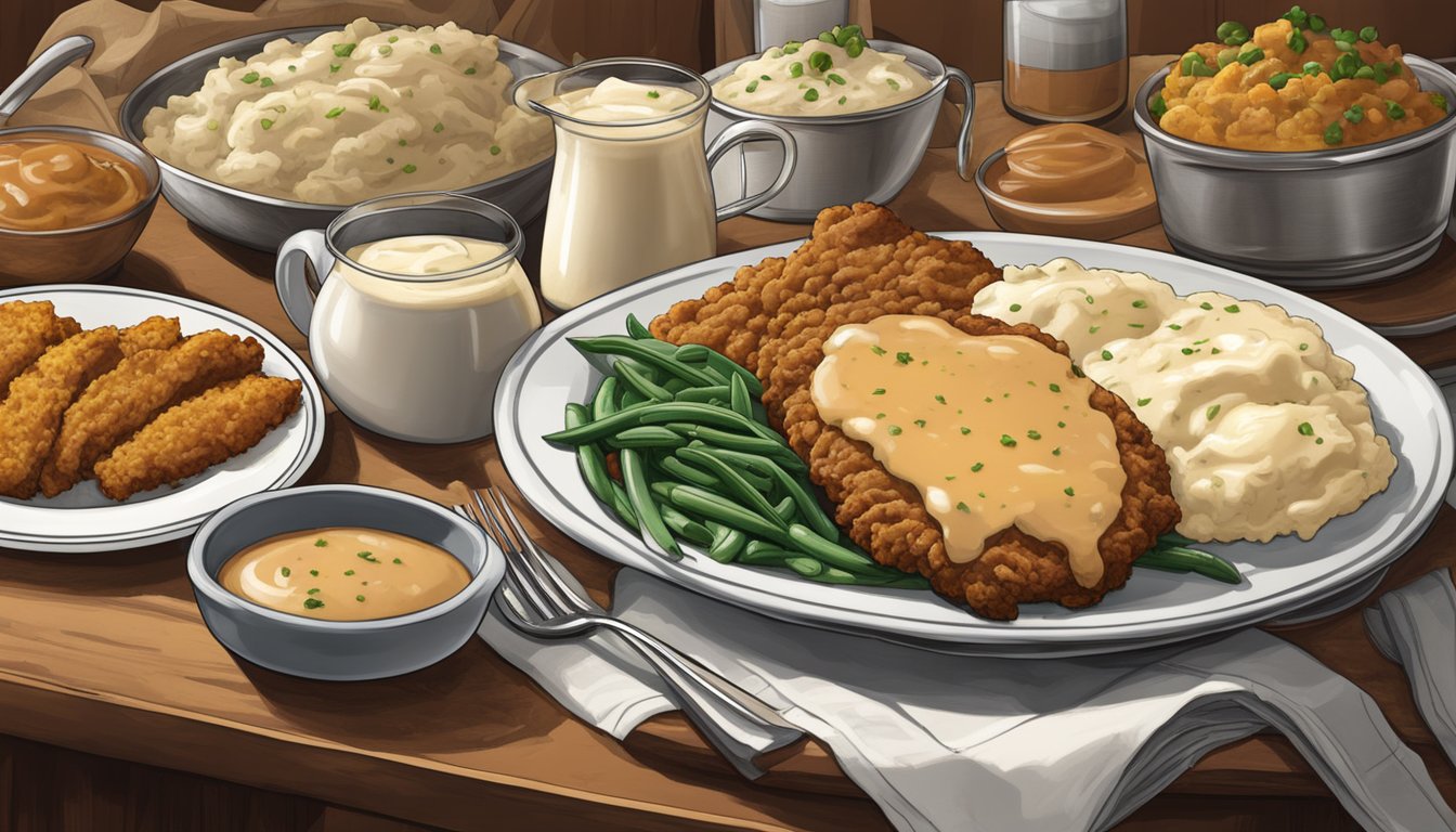 A sizzling, golden-brown chicken fried steak, smothered in creamy gravy, surrounded by a spread of classic Southern sides like mashed potatoes and green beans