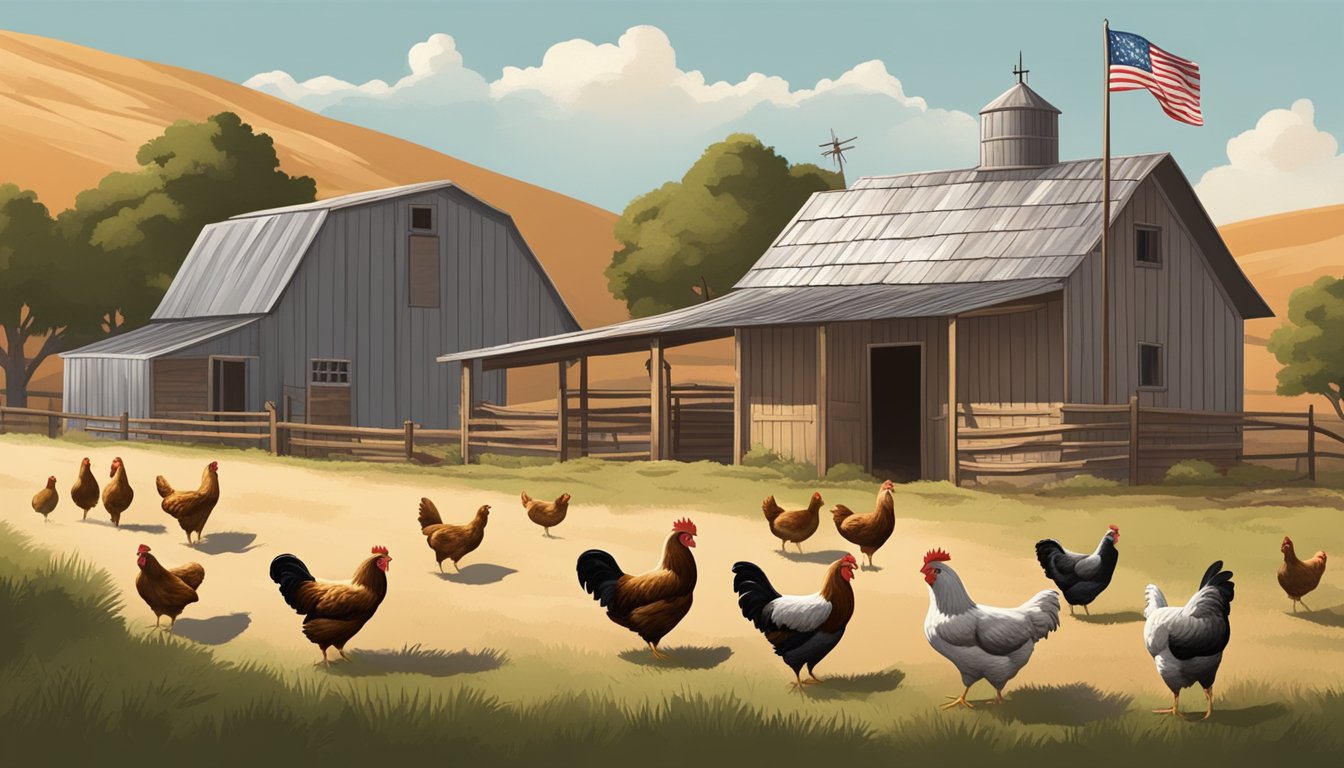 A rustic Texan ranch with a large coop of free-range chickens, surrounded by rolling hills and a lone star flag flying high